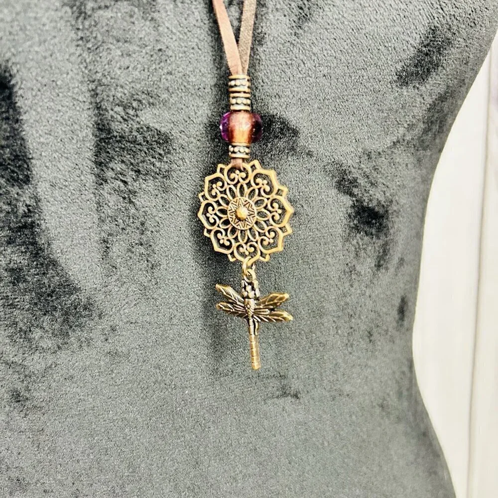 Flowers Dragonfly Necklace Antiqued Bronze Tone Leather Long 34